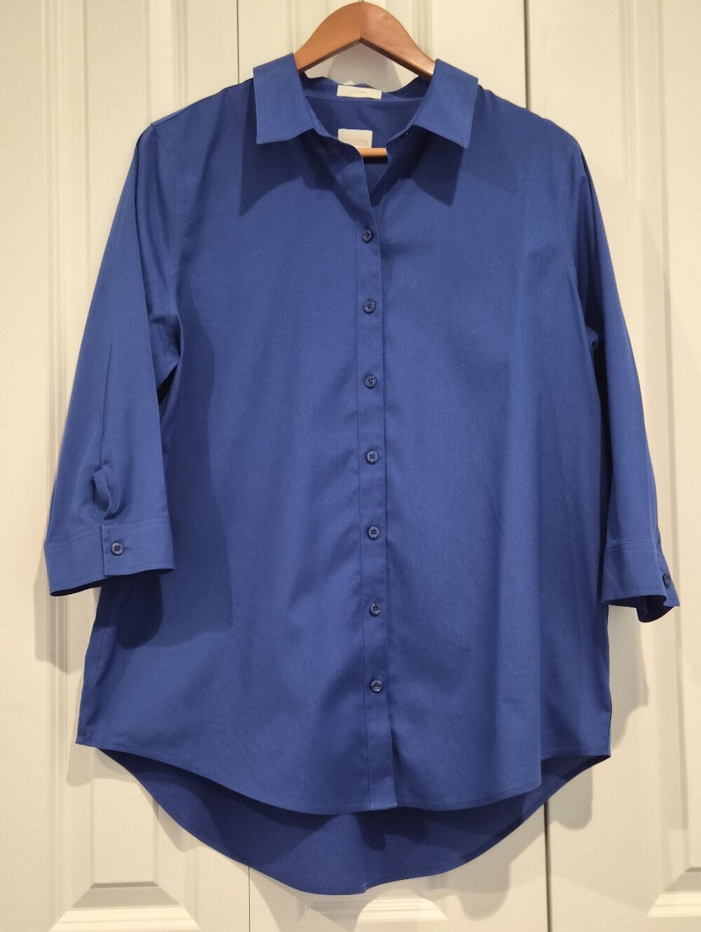 Chico's No-Iron Cobalt Blue Button Down Tunic Blouse Size 2 US 12 Lg 3/4 Sleeve